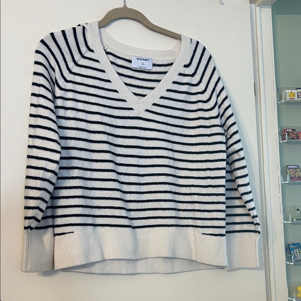 Women's V-Neck Sweater in Navy and White Stripes